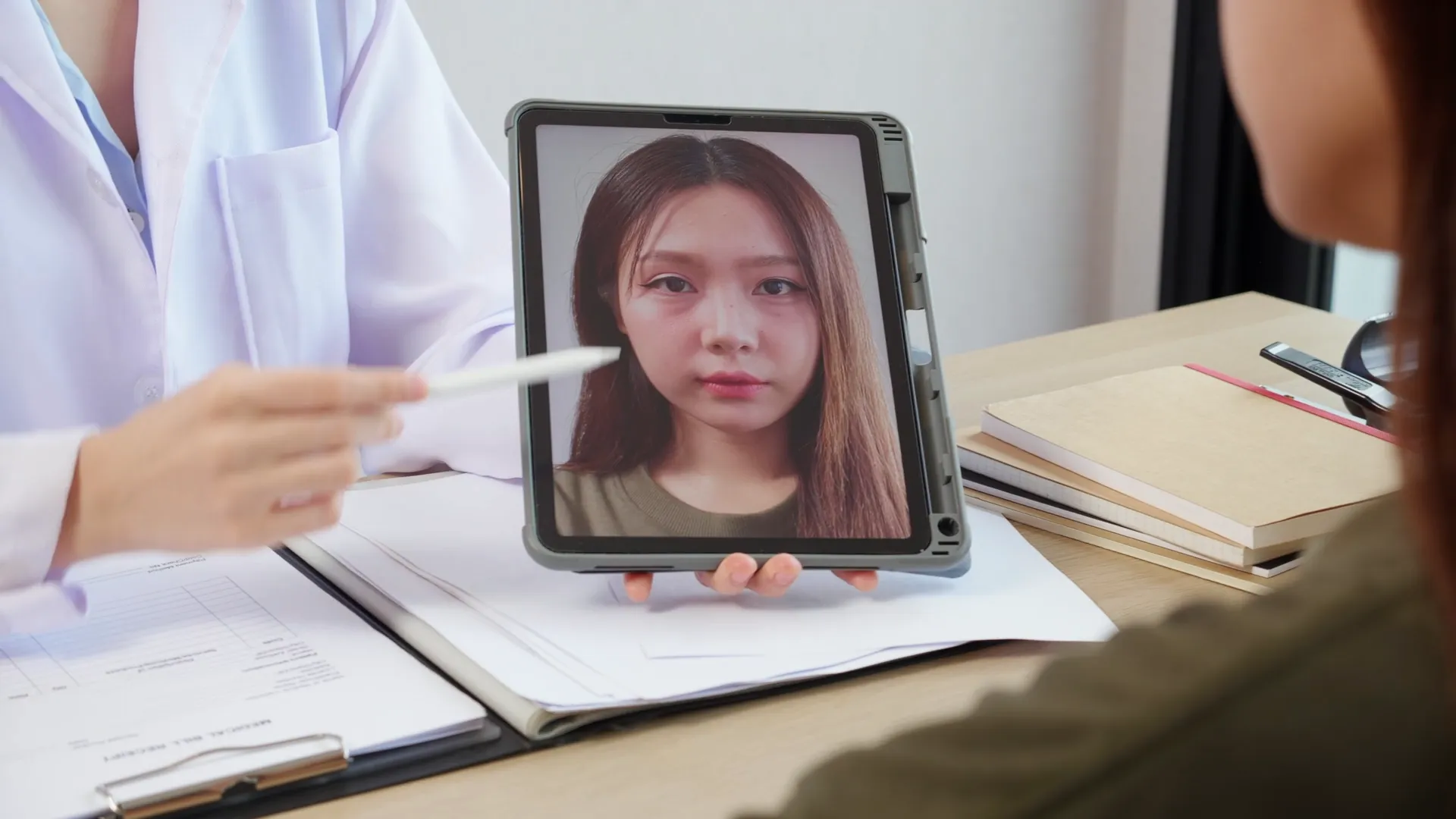Professionnelle de la santé montrant la photo d’une patiente sur une tablette lors d’une consultation